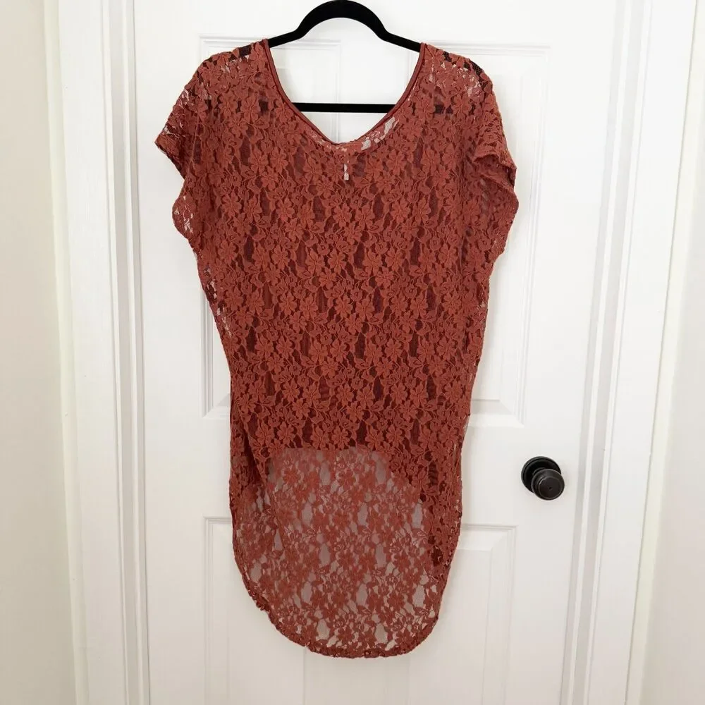 Free People Daydream Hi Low Lace Stripe Round Neck Tunic Burnt Orange Small